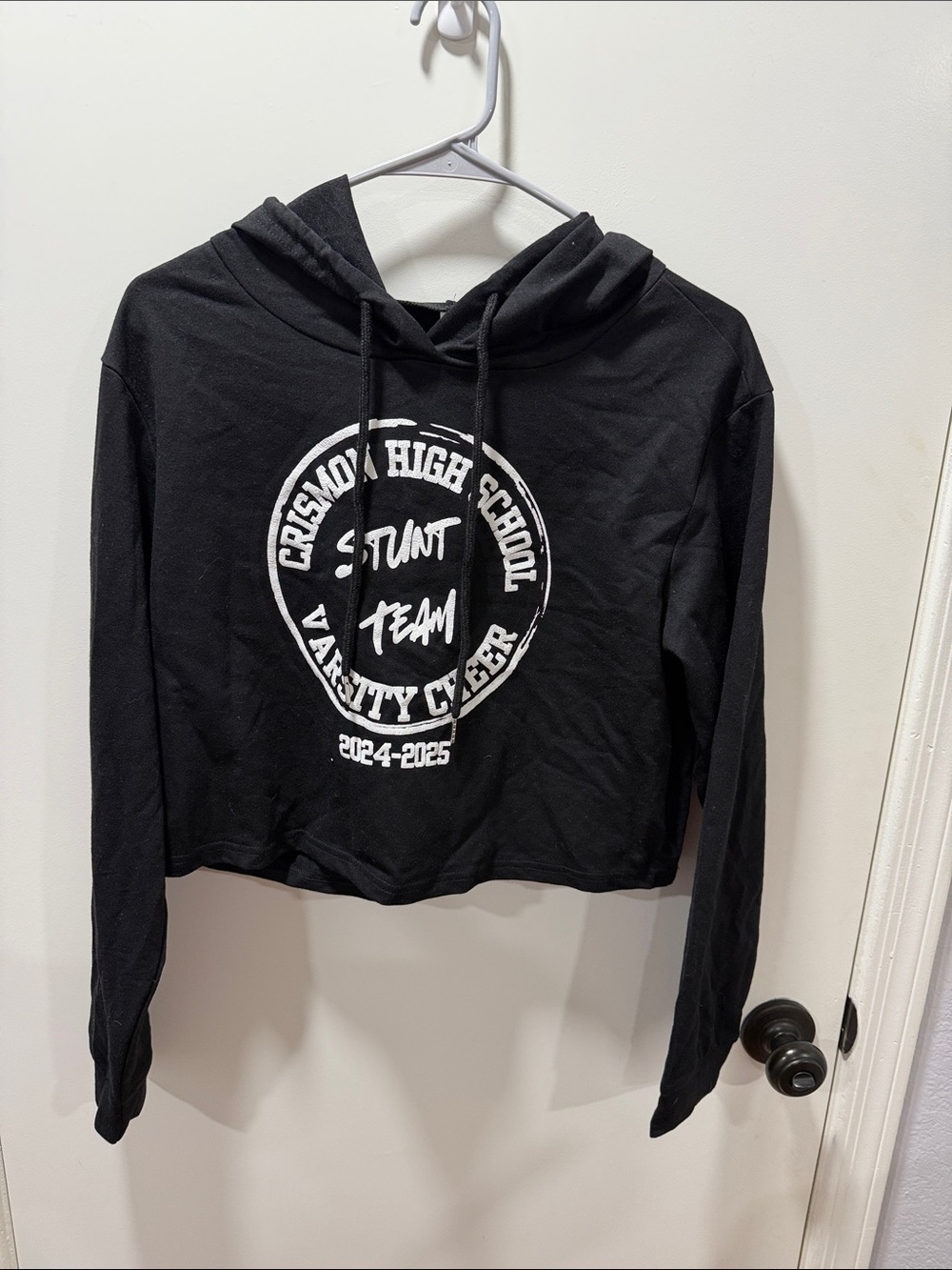 Black Cropped Hoodie with White Varsity Stunt Team Graphic